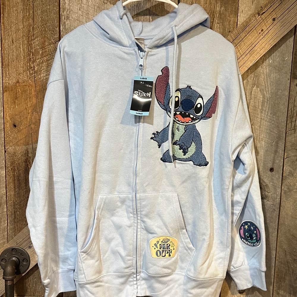 Disney Light Blue Stitch Zip-Up Hoodie with Embroidered Graphic